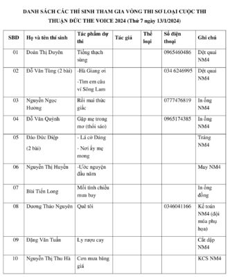 Danh sách các thí sinh dự thi vòng Sơ khảo Thuận Đức The Voice 2024