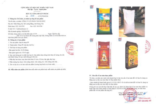 Thuận Đức thực hiện bản tự công bố bao bì PP đạt chuẩn | Phiếu thử nghiệm VNTEST 7