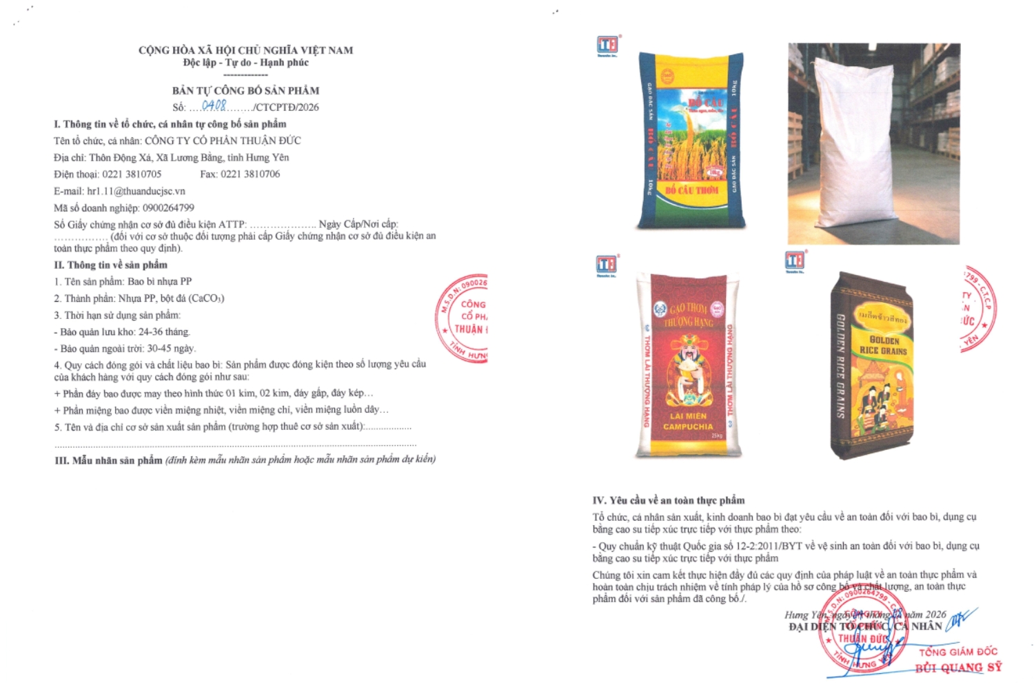 Thuận Đức thực hiện bản tự công bố bao bì PP đạt chuẩn | Phiếu thử nghiệm VNTEST 7 Bản tự công bố sản phẩm bao bì nhựa PP của Công ty Cổ phần Thuận Đức