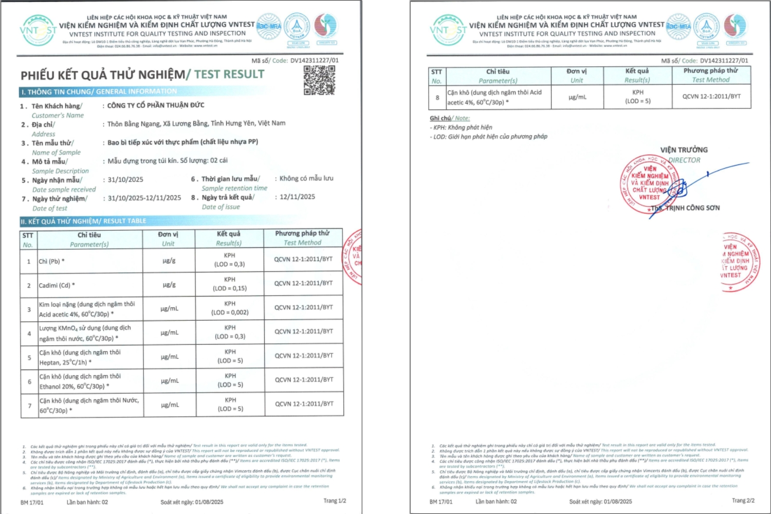 Thuận Đức thực hiện bản tự công bố bao bì PP đạt chuẩn | Phiếu thử nghiệm VNTEST 8 Phiếu kết quả thử nghiệm bao bì tiếp xúc trực tiếp với sản phẩm của Thuận Đức